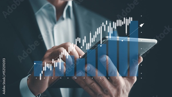 Fototapeta Businessman using tablet trading forex stock market. Business financial data.