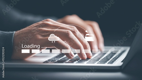 Fototapeta Man typing on laptop with cloud upload and loading bar digital concept.
