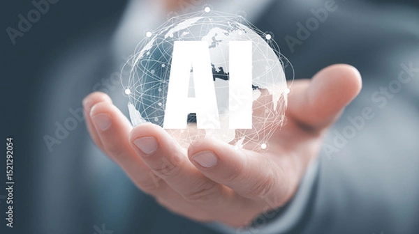Fototapeta Businessman holding digital AI globe network, futuristic technology concept.