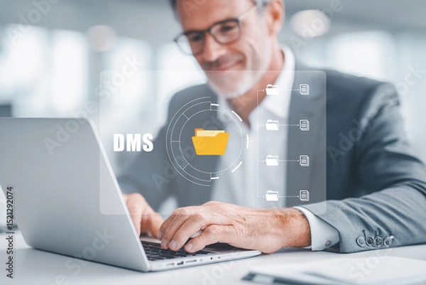 Fototapeta Businessman using Document Management System DMS on laptop for digital file management.