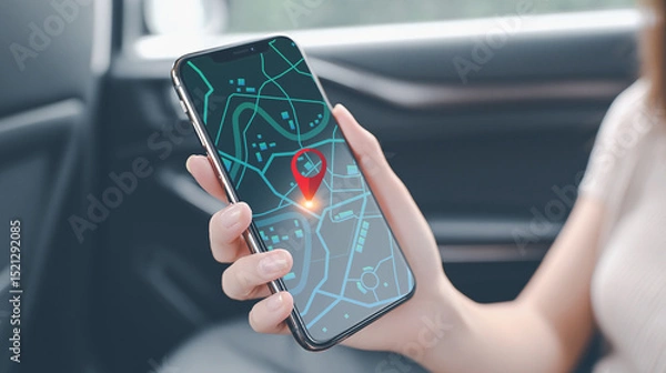 Obraz Hand using smartphone with GPS map and location pin on screen in car.