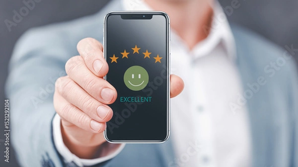 Fototapeta Businessman show five-star customer service feedback review on smartphone.