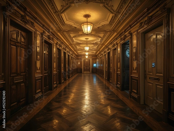 Fototapeta Elegant Hallway with Doors: A captivating hallway featuring symmetrical lines, warm wooden tones, and a series of doors, exuding classic charm and inviting exploration.