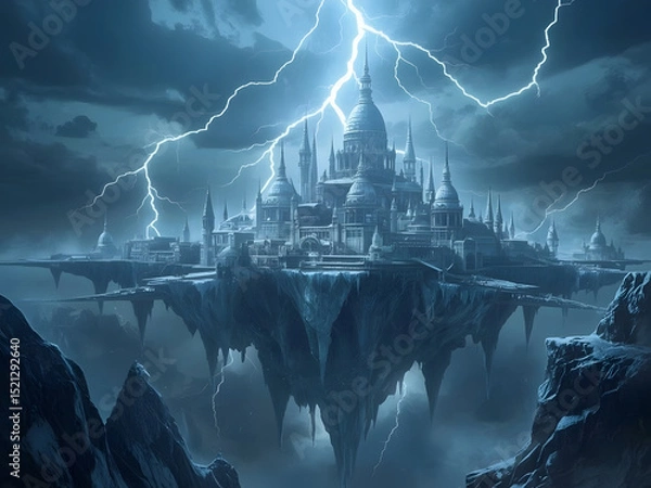 Fototapeta Celestial Citadel: A majestic citadel floats amidst stormy skies, with dramatic lightning illuminating the architecture and evoking a sense of awe and wonder.