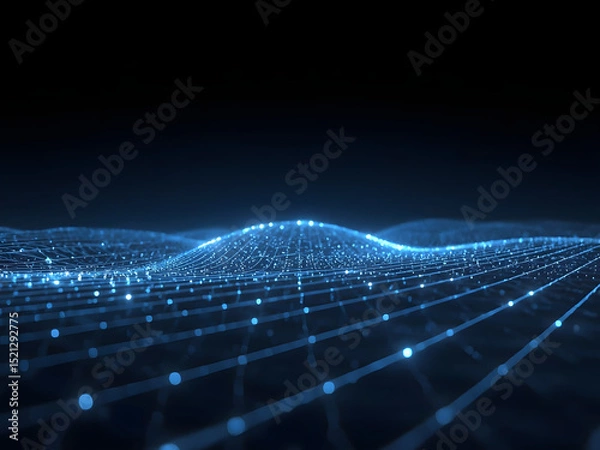 Fototapeta Digital Waveform Visualization: An abstract representation of data flow, with shimmering blue particles forming undulating waveforms.