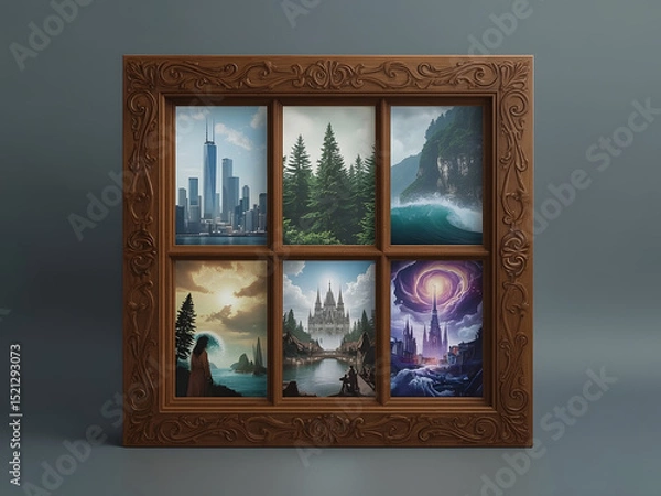 Fototapeta Window to the World: A captivating wooden framed window offering a mesmerizing glimpse into six distinct scenes of urban and natural landscapes.