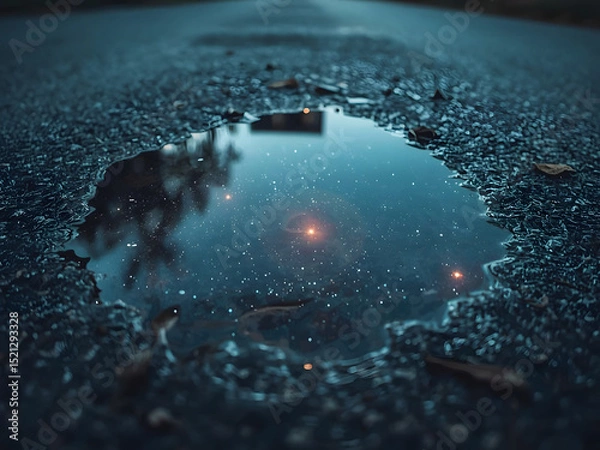 Fototapeta Reflection in Water: A mesmerizing puddle, mirroring the night sky with stars and a soft, illuminated glow. captured a moment of quiet contemplation and otherworldly beauty.