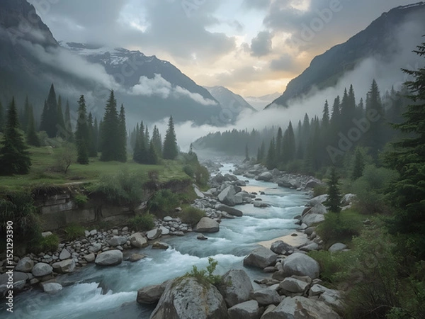Fototapeta Serene Mountain River Landscape: A breathtaking panorama of a clear river carving its path through a majestic mountain range, enveloped by misty clouds and verdant trees.