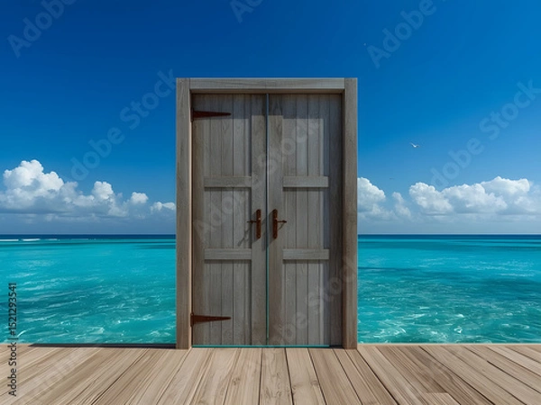 Fototapeta Door to Serenity: A weathered wooden door opens onto an idyllic scene of a cerulean sea and endless sky. Inviting viewers to step into a world of peace and escape. 
