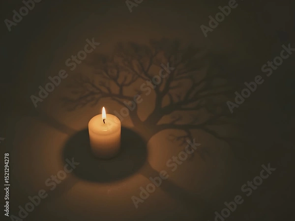Fototapeta Candlelight Silhouette: A singular candle casts a stunning shadow on the wall, creating a peaceful and intriguing ambiance, invoking a sense of serenity and tranquility.