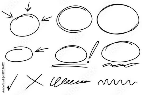 Fototapeta Highlight oval frames, marker arrows, hand drawn underlines lines. Hand drawn scribble doodle circle set. Ovals and ellipses line template. Stock vector illustration isolated on white background.