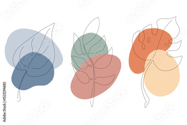 Fototapeta Boho abstract leaves organic spots poster set. Nursery minimalist botanical poster. Abstract trendy shapes, leaf, line art background. Stock vector illustration isolated on white background.
