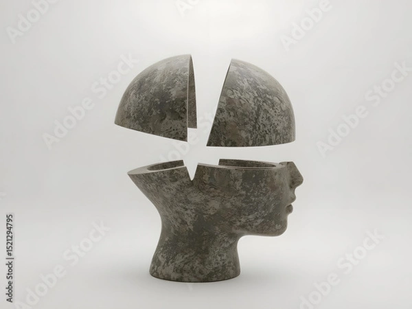 Fototapeta Mind's Puzzle: An artistic representation of the human mind unfolds as a stone sculpture, its segments revealing intricate inner workings, symbolizing intelligence, creativity.