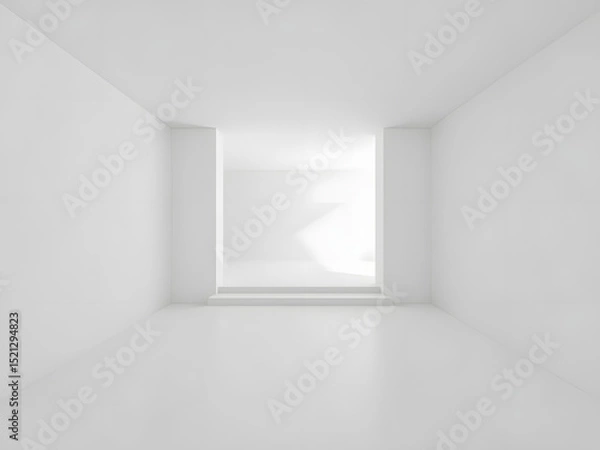 Fototapeta Minimalist Architecture: Clean lines and subtle gradients define an architectural space. A modern hallway with stark white walls leads towards a doorway.