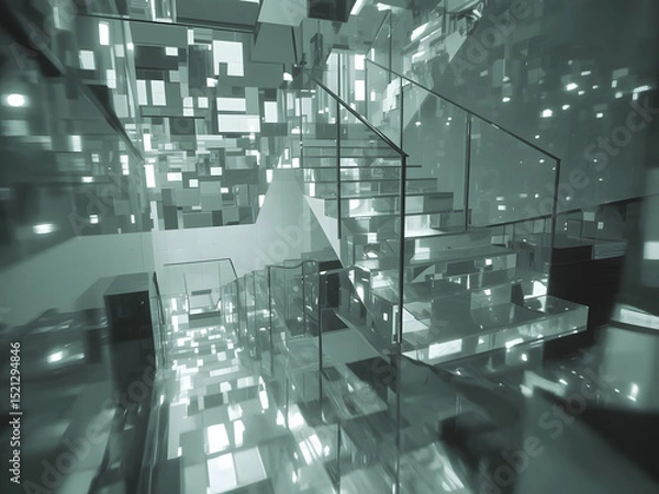 Fototapeta Abstract Glass Staircase: A mesmerizing grayscale image of a modern glass staircase ascending into a surreal, cube-filled space, creating a sense of depth and mystery. 