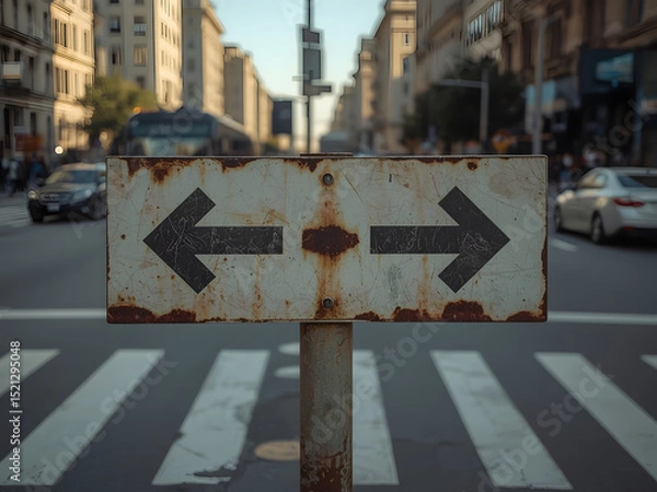 Fototapeta Navigating Choice: A close-up of a weathered road sign with opposing directional arrows on a busy city street, symbolizing decisions, dilemmas, and journeys