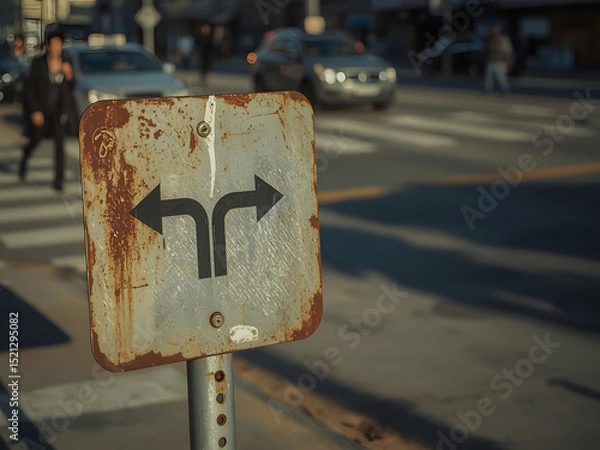 Fototapeta Rusty Road Sign: A close-up view captures a weathered directional sign on a bustling city street, directing traffic with its simple yet iconic arrows amidst urban activity and vehicular motion.