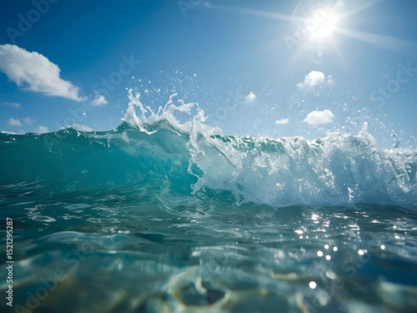 Fototapeta Ocean Wave Under Sun: Captivating capture of a pristine ocean wave cresting under the radiant summer sun, evoking a sense of serenity and the raw power of nature.