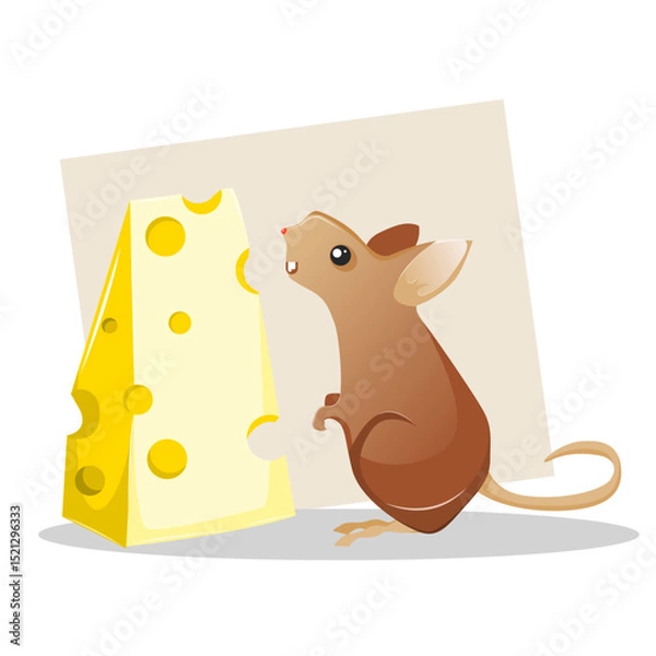 Fototapeta a mouse with a large cheese in front of him, the mouse's breakfast