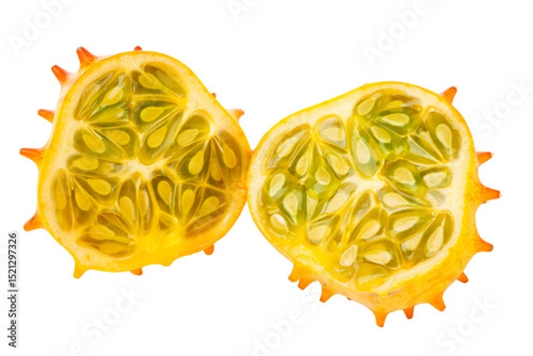 Fototapeta Halved Kiwano fruit, also called African Horned melon or Horned Cucumber, isolated on white background