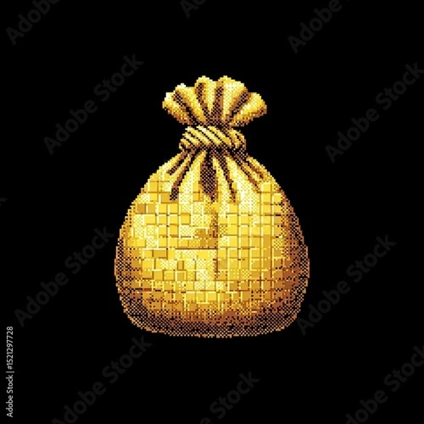 Fototapeta Pixel art golden money bag with drawstring on black background symbolizing wealth, treasure, or reward
