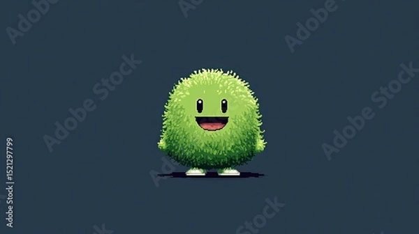 Fototapeta Cute green fuzzy pixel art creature with happy face on dark background in cartoon monster style