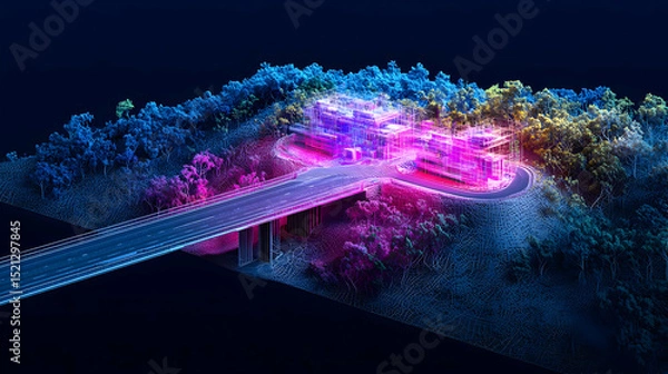 Obraz Digital Cityscape With Glowing Bridge
