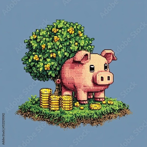 Fototapeta Pixel art piggy bank under money tree with gold coins on floating grass island and blue background