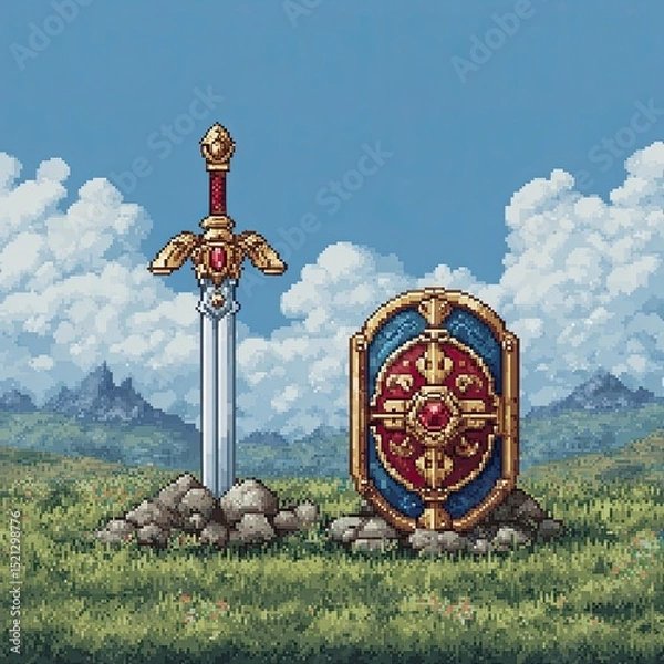 Fototapeta Pixel art fantasy sword and ornate shield resting on grass field with cloudy sky and mountain background