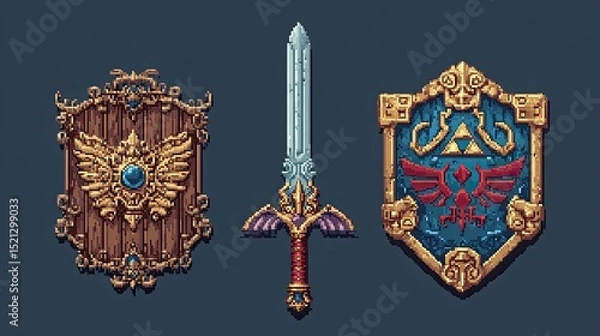 Fototapeta Pixel art fantasy sword and shields with ornate medieval designs on blue background for game or RPG style