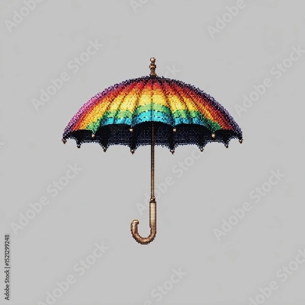 Fototapeta Vintage pixel art rainbow umbrella on gray background symbolizing pride, diversity, and weather protection