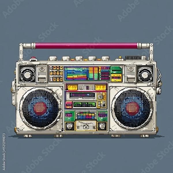 Fototapeta Colorful retro boombox with dual speakers and cassette deck on blue background in vintage pop style