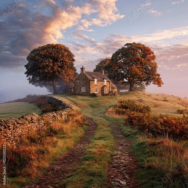 Fototapeta Stone cottage on country hill with autumn trees and winding path under dramatic sky at golden hour