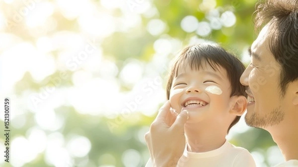 Obraz A caring parent gently applying sunscreen to a child's face