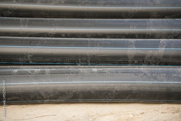 Fototapeta Black pipes stacked in a construction site showing motion blur from nearby activity and rushing work
