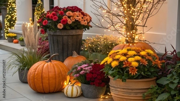 Fototapeta Autumn display with pumpkins and potted flowers decorating an entrance with string lights