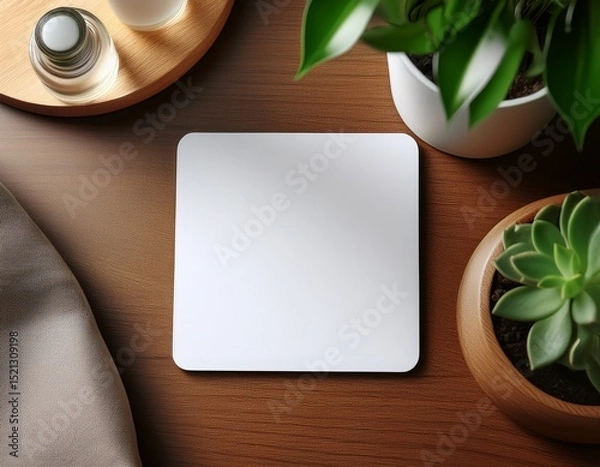 Fototapeta coaster mockup white blank coaster mockup in a table with beautiful plants