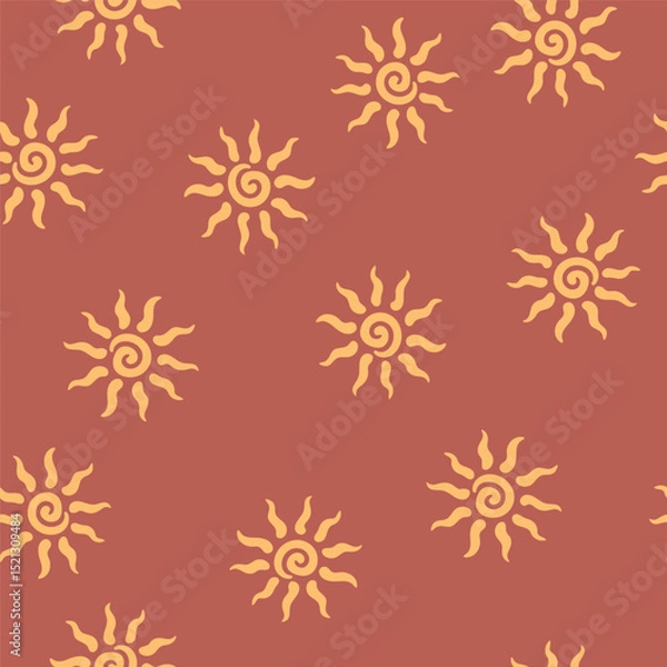 Obraz Abstract summer background with hand drawn sun sign. Vintage vector seamless pattern. Retro repeat ornament wallpaper. Nostalgic colored fashion allover print