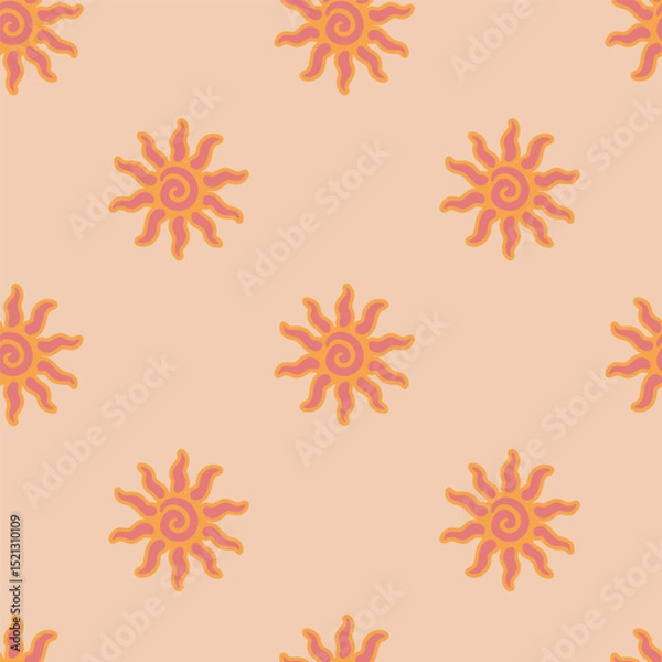 Obraz Abstract summer background with hand drawn sun sign. Vintage vector seamless pattern. Retro repeat ornament wallpaper. Nostalgic colored fashion allover print