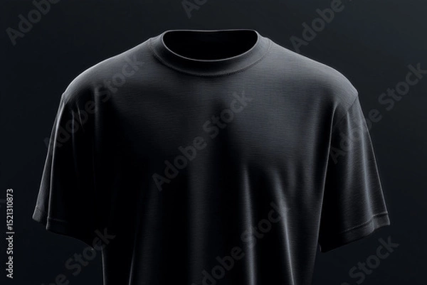Fototapeta A black shirt with a white collar and a black band around the neck. The shirt is hanging on a dark background
