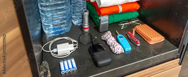 Obraz Banner of 72 hour survival kit in kitchen cupboard with water bottles, clothes, radio, batteries, powerbank, flashlight, knife and lighter. Full pantry ready for disasters, war, pandemic or blackout.