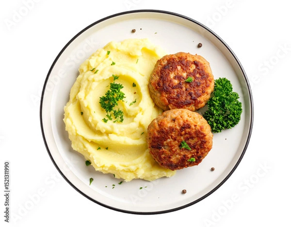 Obraz Meat cutlet with mashed potatoes served on plate, top view on white background