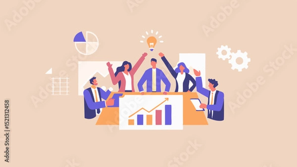 Fototapeta Team celebrating success with graph, lightbulb, pie chart, and gears in a business meeting setting