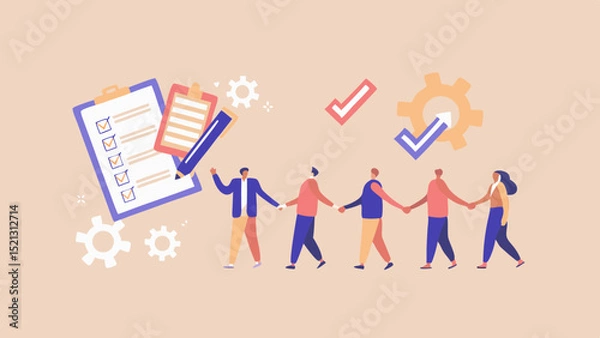Fototapeta Teamwork collaboration with checklist and gears for project management and productivity focus effort