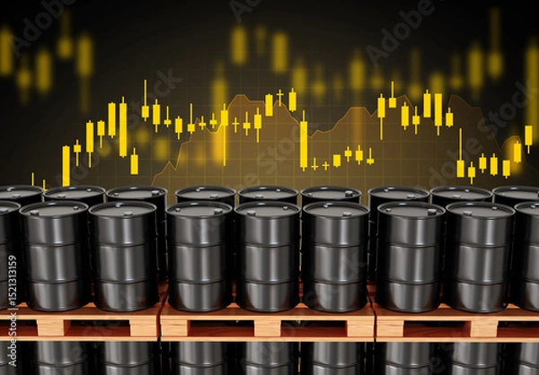 Obraz Stack of oil barrels and graph chart. Changes in prices in energy market concept