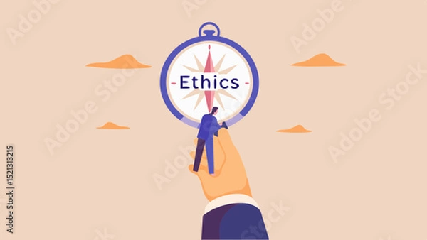 Fototapeta A man standing on a hand holding a compass with the word ethics written on it against a light background