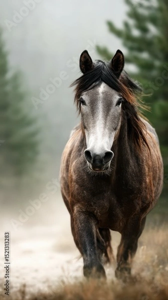 Obraz Majestic horse walking through misty forest during dawn in a tranquil natural setting