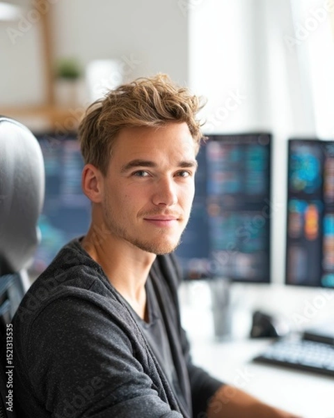 Fototapeta Young Trader Confident Professional in Fintech Office with Multiple Monitors