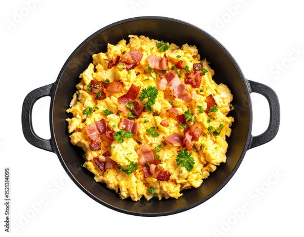 Obraz Omelette with bacon in frying pan, top view on white background
