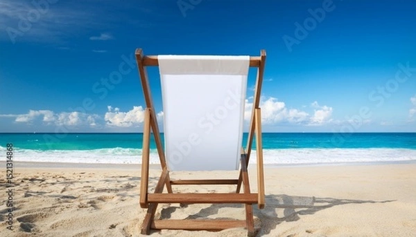 Fototapeta beach chair mockup bank white beach chair mockup on a beach a wooden beach chair with a blank white canvas sits on a sandy beach facing the ocean